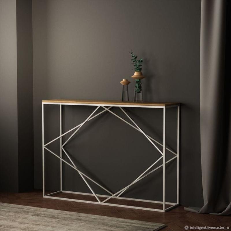 🪑 Console Table – White Metal × Wooden Top (Geometric Design)